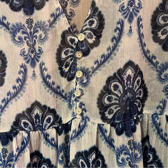 ZARA Metallic Baroque Sheer Overlay Balloon Sleeve‎ Maxi Dress Blue Size Small - Picture 8 of 16